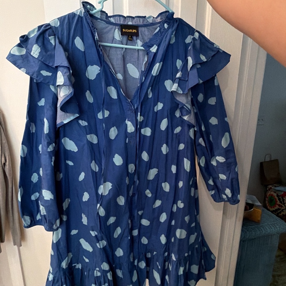 Sugarlips Navy Blue Polka Dot Ruffle Dress